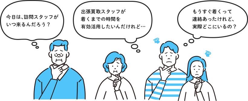 「今日は訪問スタッフがいつ来るんだろう？」「出張買取スタッフが 着くまでの時間を 有効活用したいんだけれど…」「もうすぐ着くって 連絡あったけれど、 実際どこにいるの？」