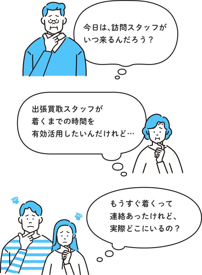 「今日は訪問スタッフがいつ来るんだろう？」「出張買取スタッフが 着くまでの時間を 有効活用したいんだけれど…」「もうすぐ着くって 連絡あったけれど、 実際どこにいるの？」